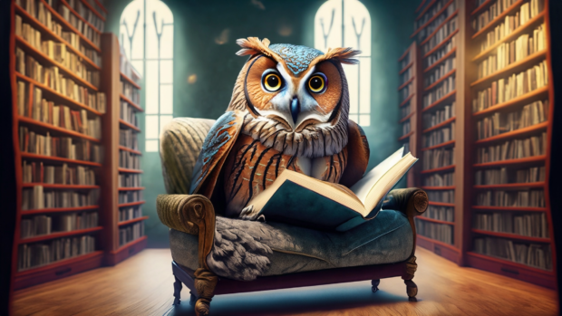 An owl sitting on a chair reading a book.