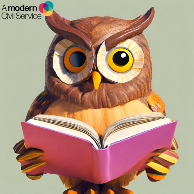 A wooden owl reading a book