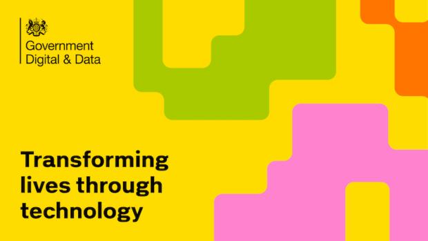 Coloured shapes on a banner with text 'Transforming lives through technology'