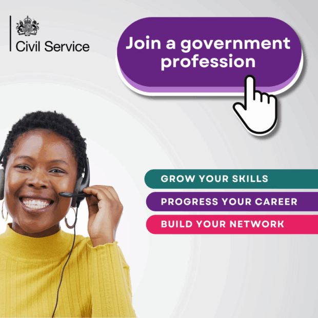 a woman wearing a headset next to Join a Government Profession